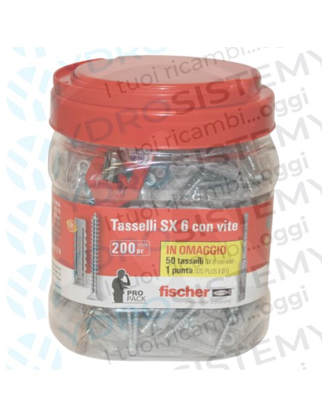 Secchiello 200pz. Tassello In Nylon Fischer Propack da 6x30 con Vite a testa svasata + Punta Trapano SDS 6mm Riutilizzabile, pe