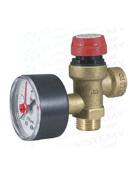 Valvola Sicurezza 3 Bar in ottone Attacco Manometro maschio 1/2 + femmina + manometro 1/4    Vedi Cod: 95261434, 190728, 998447