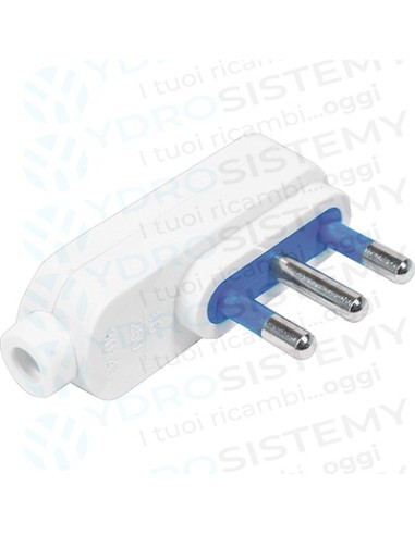 Spina Elettrica  Piatta Bianca 16Ampere 2 Poli + Terra con uscita cavo a 90gradi Poli Larghimax 1500w  250v.