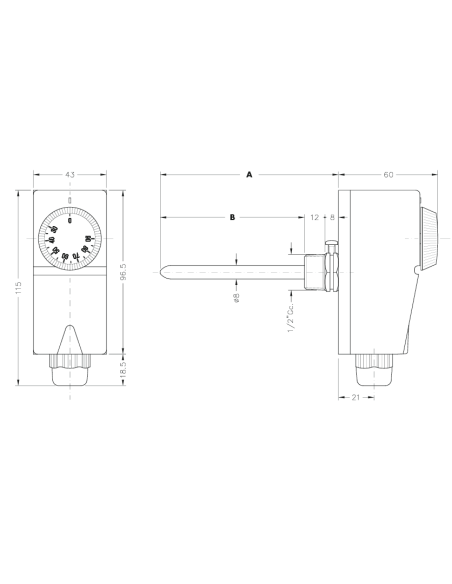 Termostato ad immersione serie caldoTemperatura regolabile 0° - 90° C. - Guaina 1/2 L-100 mm 3 morsetti