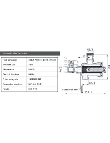 Defangatore Magnetico Bianco 3/4" sotto caldaia 10000 Gauss + Valvola di Intercettazione e Chiave
