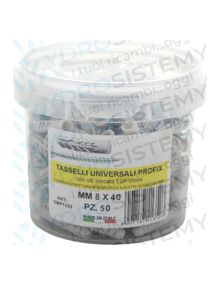 Tassello Universale Ø 8x40 a 4 settori con vite zincata a croce per tutti i materiali pieni e forati