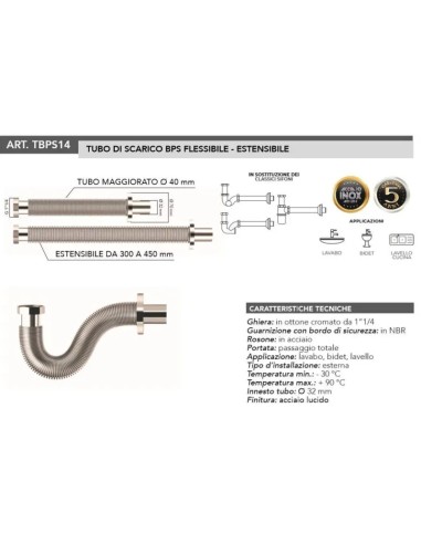 Tubo Sifone BPS Di Scarico Telescopico in Acciaio Inox 1" 1/4 x 32