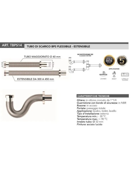 Tubo Sifone BPS Di Scarico Telescopico in Acciaio Inox 1" 1/4 x 32