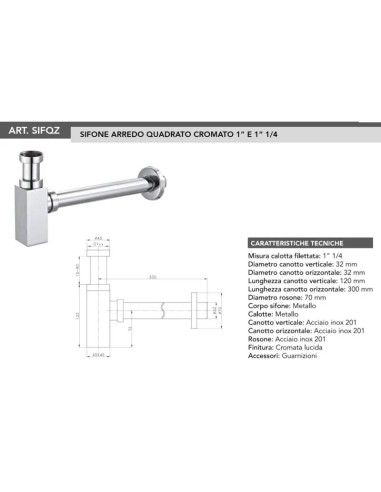 Sifone D'arredo Quadro Per Lavabo Ø32 x 250 mm -1"1/4 Cromato Lucido