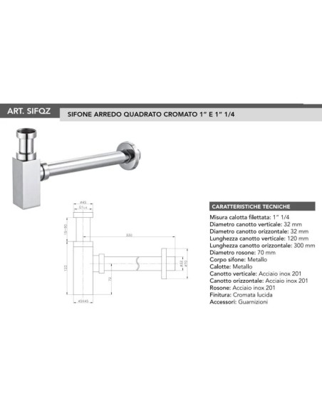 Sifone D'arredo Quadro Per Lavabo Ø32 x 250 mm -1"1/4 Cromato Lucido